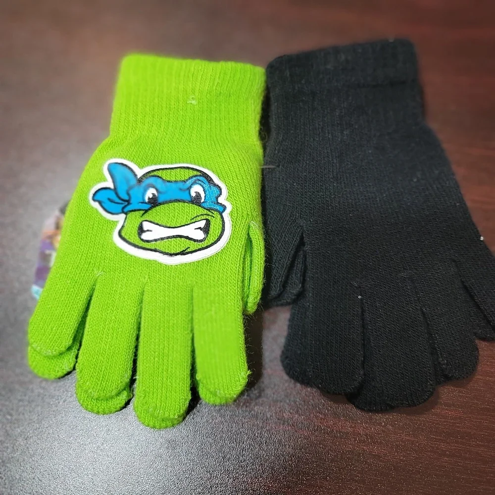 Kids Teenage Mutant Ninja Turtles Glove Set Green‎ Black Character Winter Warm